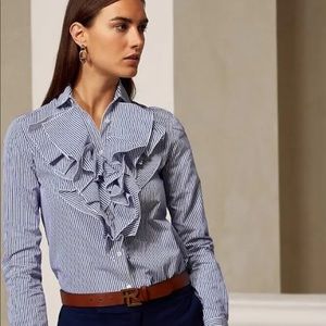 Ralph Lauren Collection Keara Striped Ruffle Bib Shirt Blue Women's